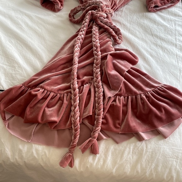 Misa- “Desma” Light Pink Velvet Ruffle Mini Dress with Braided Waist Tie - Picture 4 of 7